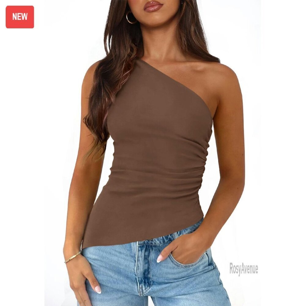 One Shoulder Ruched Knit Tank Top - Slim Fit Asymmetrical Y2K Style